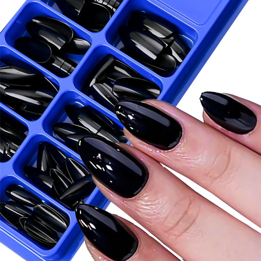 100Pcs Almond Press on Nails Medium Length Fake Nails Black Matte Almond False Nail Tips Artificial Fingernail Extend Fake Nails