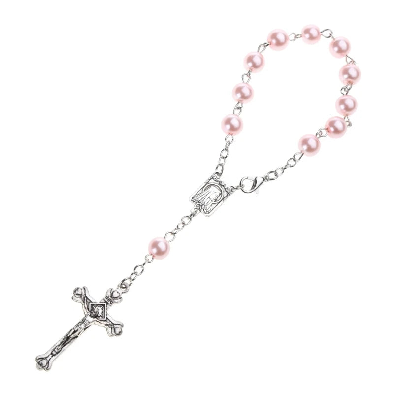 8mm Pearl Finger Rosaries Baptism Rosary Favor Small Rosary with Crosses Party Favor for Communion Baptism Wedding Party