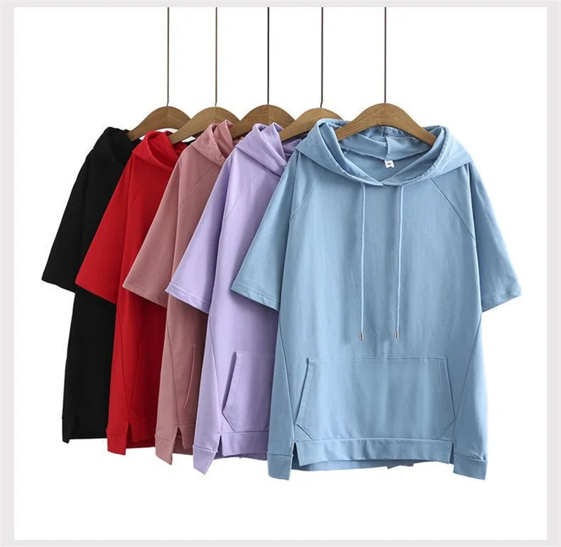2023 Oversize 4XL Loose Sweatshirts Women Cotton Hoodies Summer Short-sleeves Thin Tees Female Casual Pullover Tops Outerwear