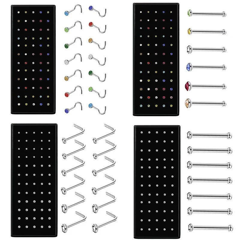 40/60Pcs Straight Nose Stud Curved Pack Crystal Nose Ring Set Stud Lot Nariz Nase Pircing Nose Ring Set Bend Piercing Non-Pack