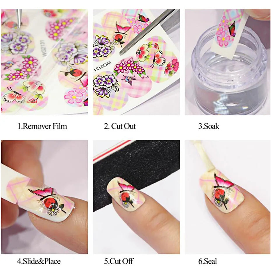 12 Design Floral Nail Art Stickers Water Decals Transfer Summer Painting Flower Leaf Rose Manicure Decoration Nail Sliders Wraps