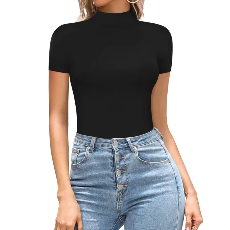 2023SpringSummer New Fashion Europe America Sexy Solid Color Medium High Neck Short Sleeve Casual Elegant Women's Tight Bodysuit