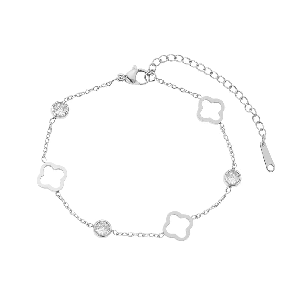 Stainless Steel Lucky Hollow Clover Crystal Zirconia Bracelet Simple And Generous Design Wrist Jewelry For Women's Daily Wear