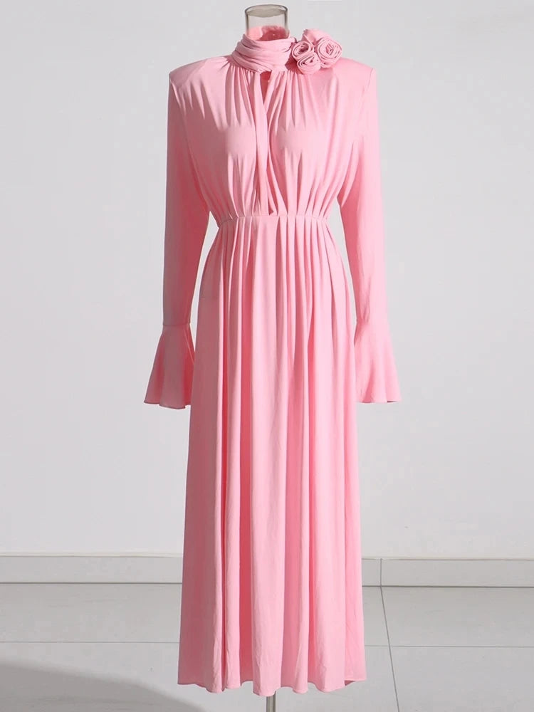 TWOTWINSTYLE Solid Appliques Folds Dresses For Women Half High Collar Flare Sleeve Tunic Long Dress Female Fashion Clothing New Viralgem Store