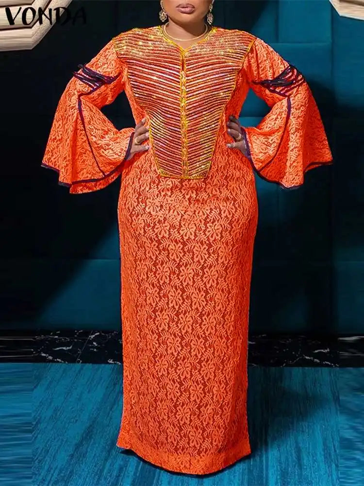 2024 VONDA Women Bohemian Dress Summer Printed Maxi Sundress V-Neck Long Flare Sleeve Party Vestidos Fashion Casual Loose Robe Viralgem Store