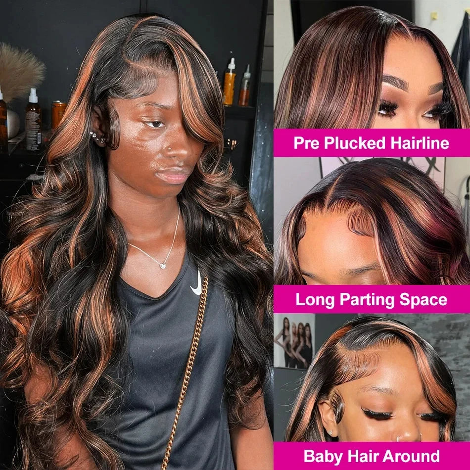 Upgraded 1B/30 Balayage Body Wave 13x4 Highlight Lace Front Human Hair Wig Vietnamese 30 Inch Omber Brown Colored Wig Human Hair Viralgem Store