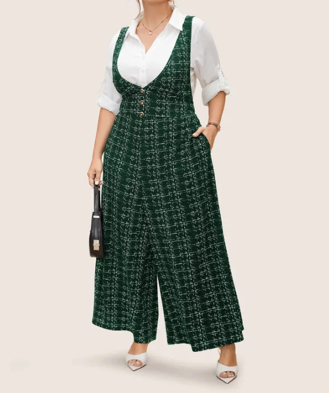 2025 Women's Sleeveless Oversized Jumpsuit Overalls Ladies Sexy Plaid Deep V Neck Wide Leg Pants Jumpsuits with Buttons Pockets Viralgem Store