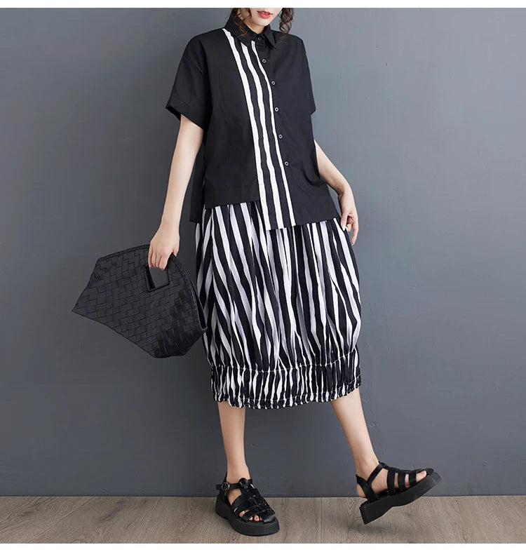 Summer Striped Print 2 Two Piece Set Women Irregular Patchwork Fashion Ladies Cropped Shirts Loose Casual Pleated Woman Skirts Viralgem Store
