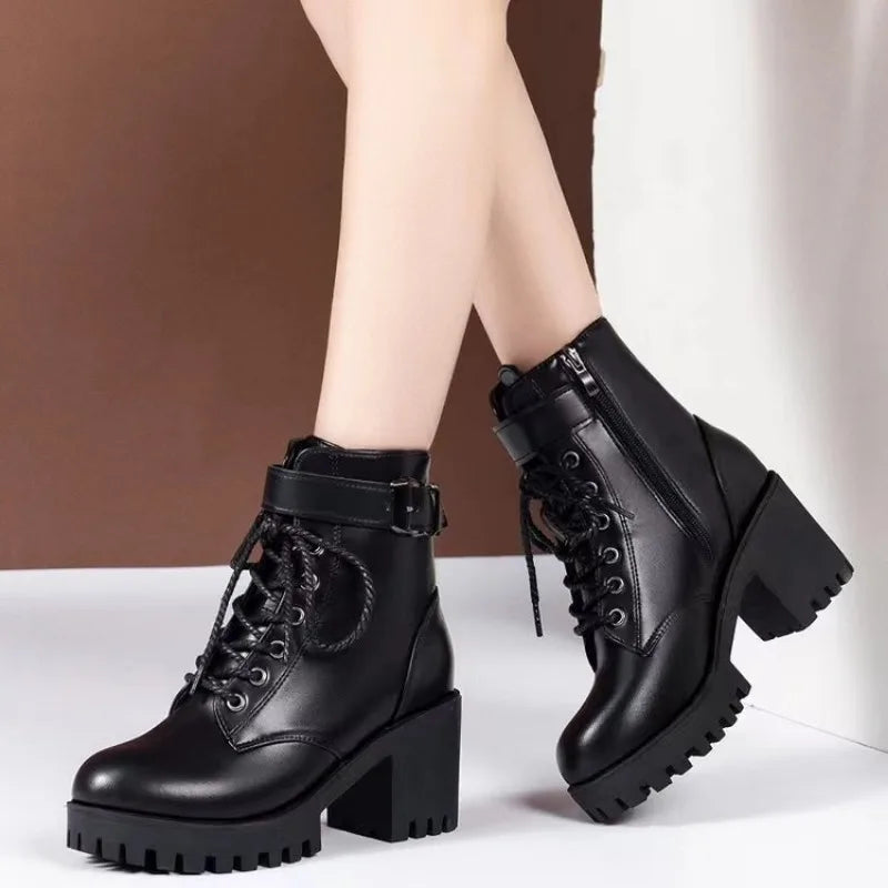 Winter Women's Boots 2025 New Lace Up Boots for Womens Fashion Thick Heel Side Zipper Ankle Boots Warm Female Motorcycle Shoes Viralgem Store