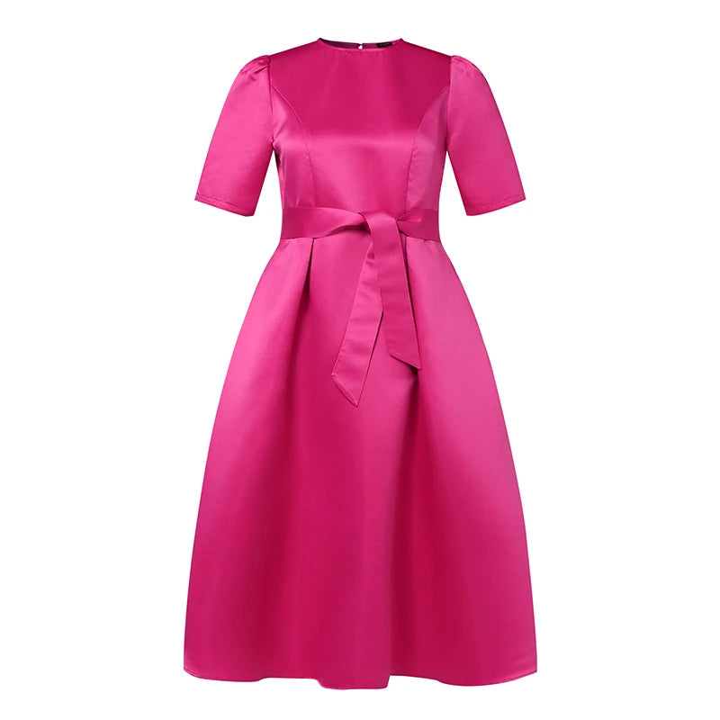 VONDA Plus Size 5XL Elegant Satin Summer Midi Dress 2024 Women Short Sleeve Vestidos Casual Belted Loose Solid Color Long Robe