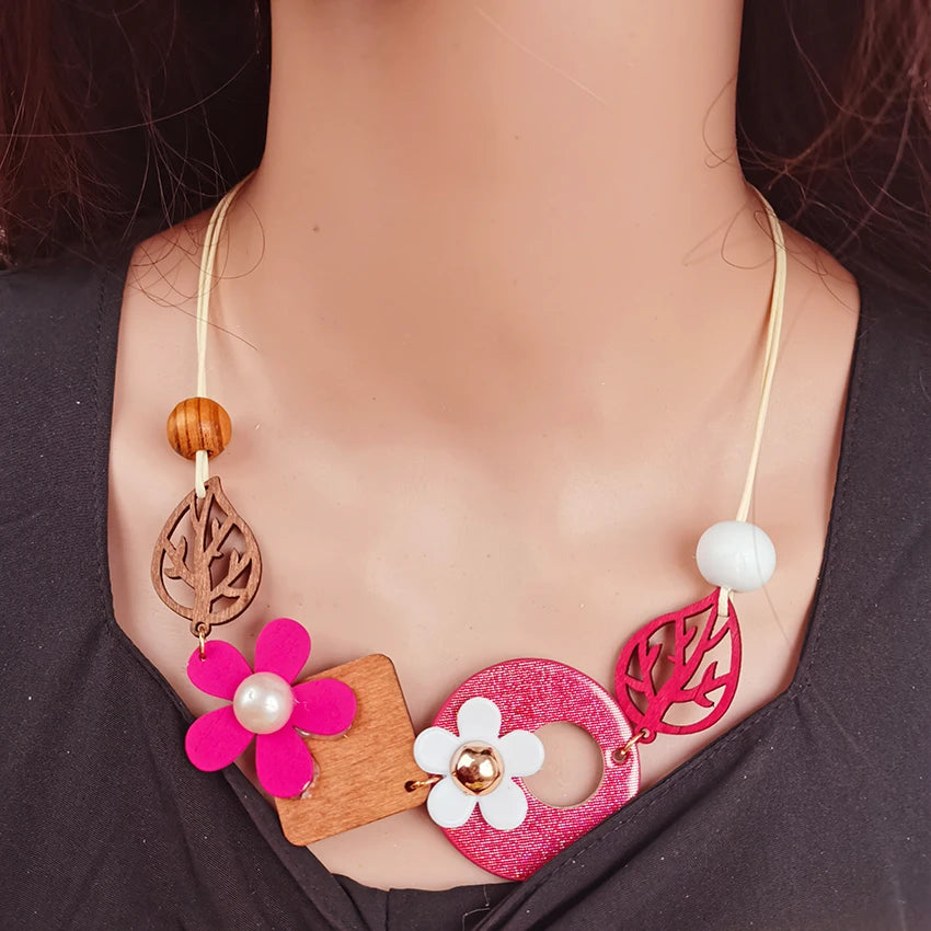 Vintage Ethnic Geometric Wooden Bib Necklace Women Wood Leaves Flower Collar Handmade Adjustable Choker Long Necklaces Pendants Viralgem Store