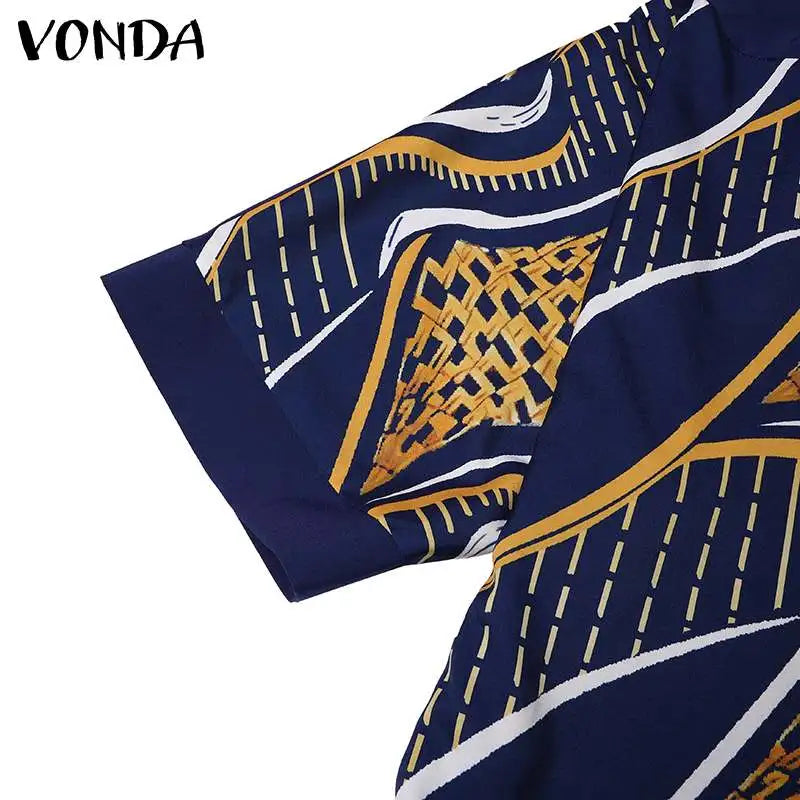 VONDA Oversized Summer Dress 2024 Women V Neck Bohemian Printed Beach Sundress Casual Midi Vestidos 3/4 Sleeve Loose Robe Femme