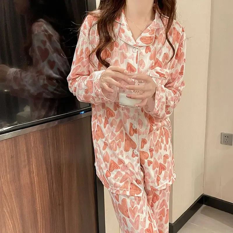 2 Pieces Womens Pajamas Long Sleeve Sleepwear Korean Heart Print Pijama Set Casual Nightwear Lady Home Suit Spring Pyjama Nighty