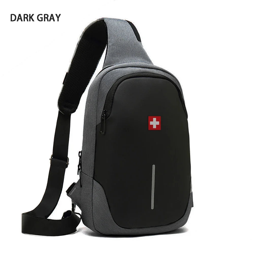 SWISS New Men's Casual Chest Bag Sports Waterproof Shoulder Bag Anti-theft Crossbody Bag Fashion Solid Color Usb Bag Sling Pack Viralgem Store