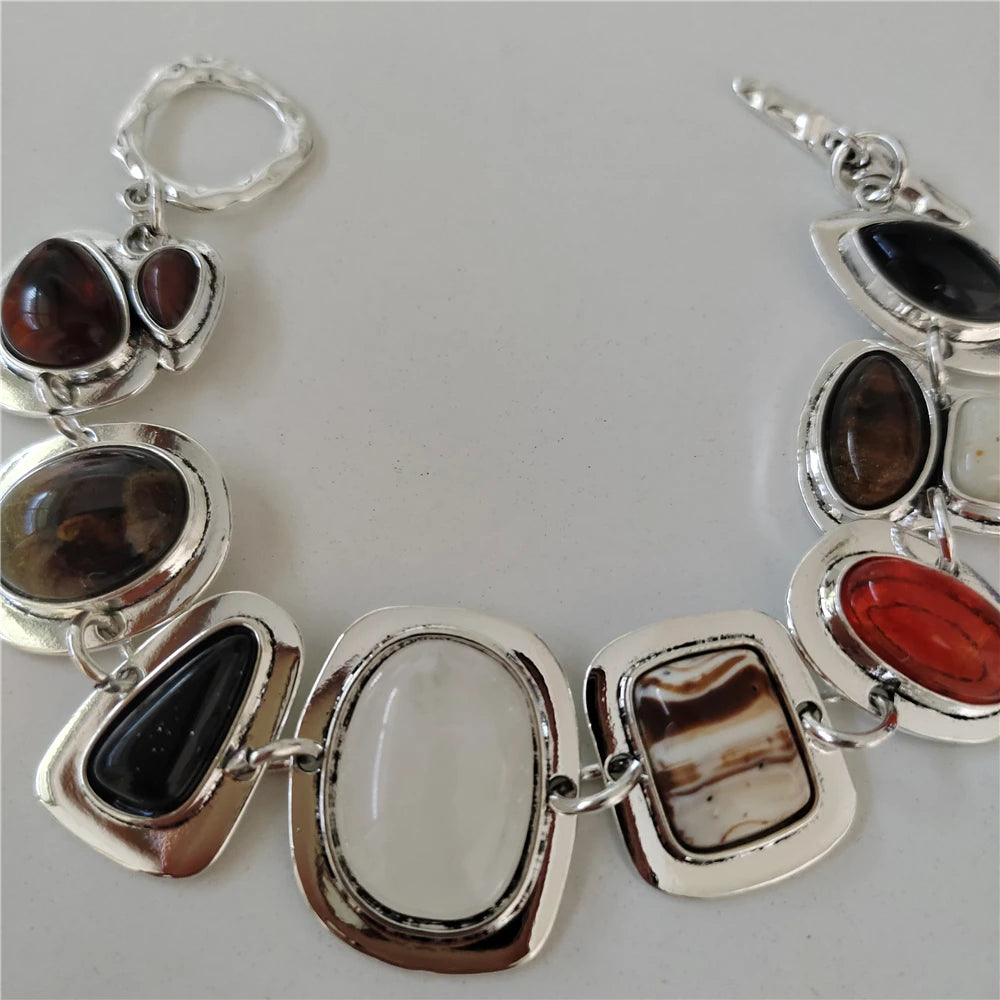 2025 New Indian Vintage Statement Resin Bracelets Women Boho Ethnic Gold Silver Plated Metal Links Charm Bracelets Jewelry