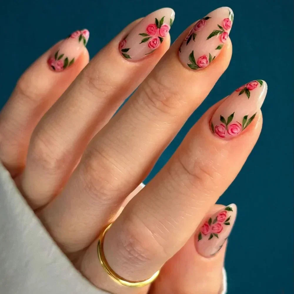 24Pcs Autumn Winter Matte Almond False Nails with Glue Rose Leaf Printing Nail Art Simple Full Cover Press on Acrylic Nails Tips Viralgem Store