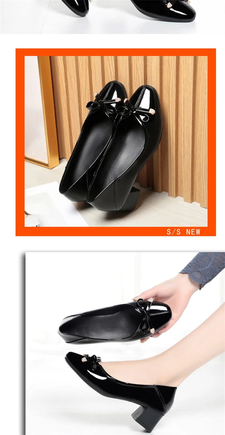 Spring New Comfort Soft Bottom Round Toe Solid Ballet Shoes Low Heel Bow Pumps Low Top Flat Patent Leather Single Shoes Viralgem Store