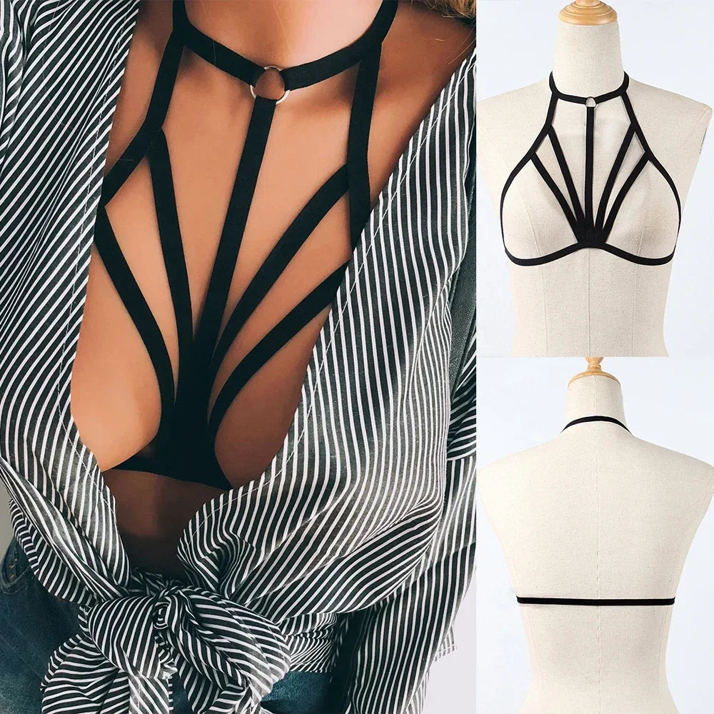 Women Goth Sexy Elastic Harness Bandage Bustier Hollow Cage Bra Tops Bralette Lingerie Tanks Lady See Through Exotic Apparel Viralgem Store