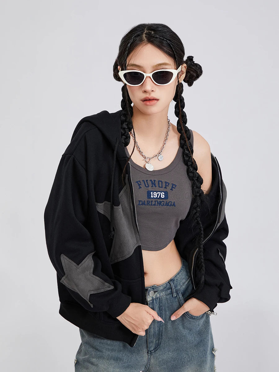Women's Y2k Zip Up Hoodies Star Print Long Sleeve Graphic Hooded Jacket Aesthetic Oversized Coat Harajuku Streetwear