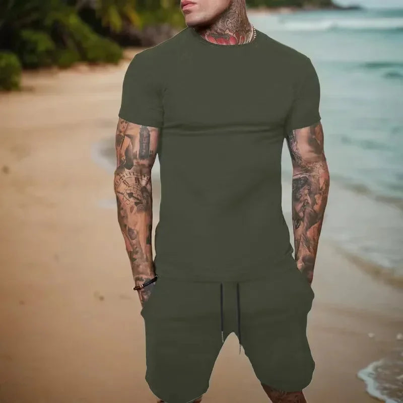 2025 summer new men's breathable sportswear short sleeved t-shirt and shorts set popular quick drying clothing