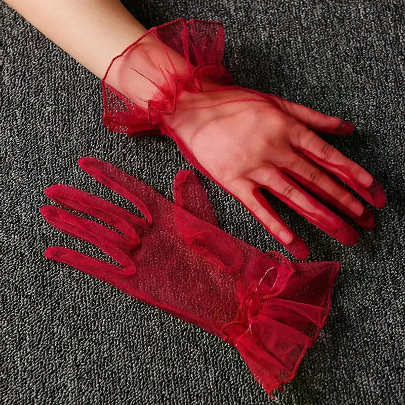 Women Short Tulle Gloves Sexy Lace Mittens Tulle Full Finger Gloves Lady Driving Glove Transparent Mittens Wedding Bridal Gloves