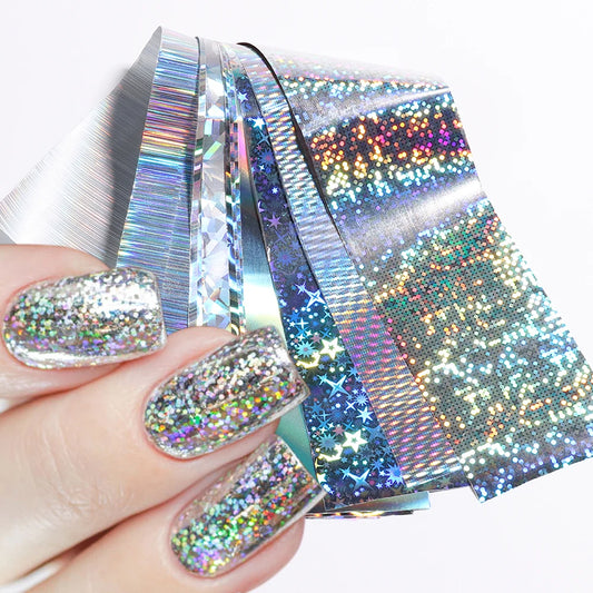 10Pcs Hologram Transfer Foil Nails Laser Stars Holographic Nail Stickers Mermaid Tail Sliders Metallic Gel Polish Wraps NLXKY01