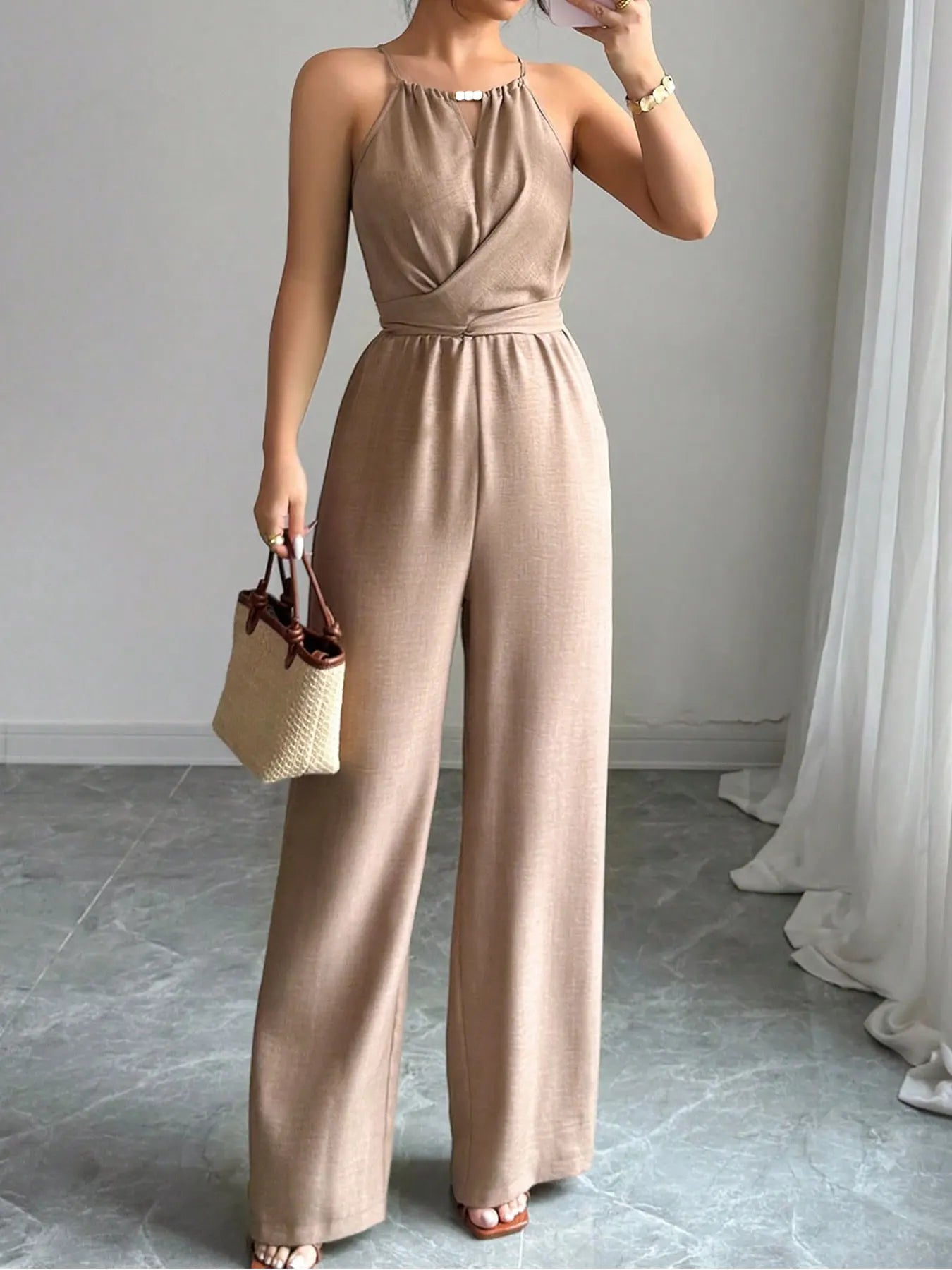 Women's Jumpsuits Summer Sleeveless Solid Fashion Bandage O- Neck Sexy Slim Folds Jumpsuits Casual Streetwear Simple Jumpsuits Viralgem Store