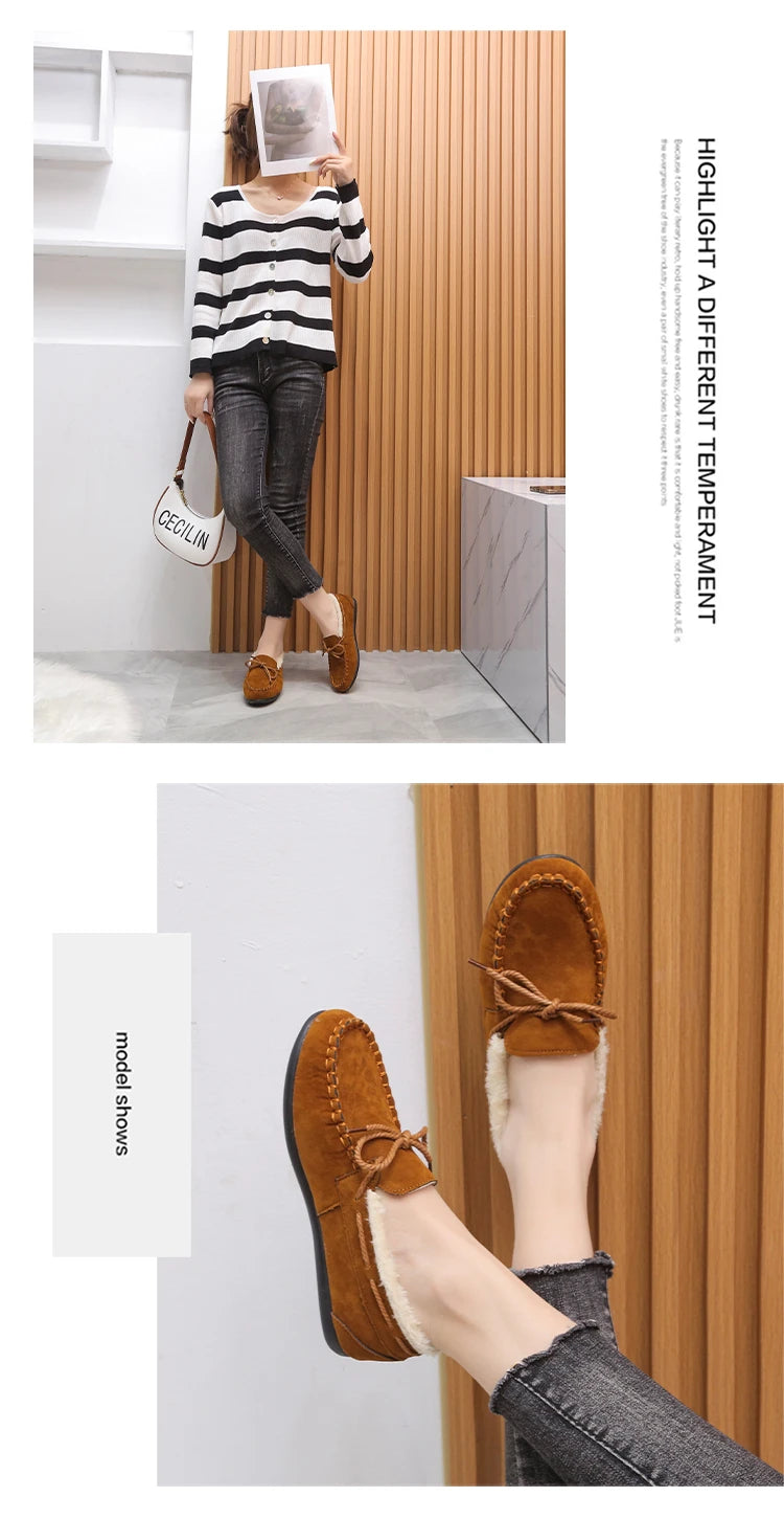 2023 autumn and winter new Doudou shoes women plus cashmere warm bow Korean version of casual shallow mouth flat lazy cotton sho