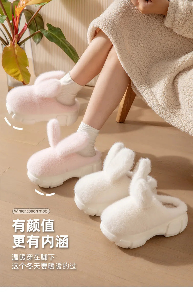 8 cm High platform fur slippers women's winter fluffy ear home shoes woman white bunny rabbit slippers woman house clog shoes