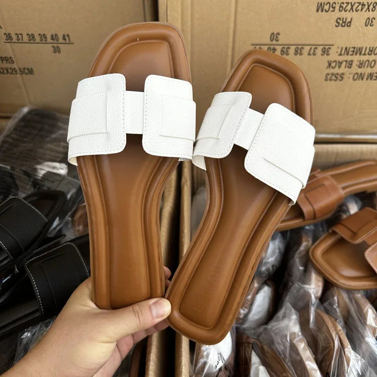 2024 Women Modern Slippers Summer Outdoors Comfortable Flat Slippers Luxury Leather Slippers Casual Slides Shoes Females Sandals