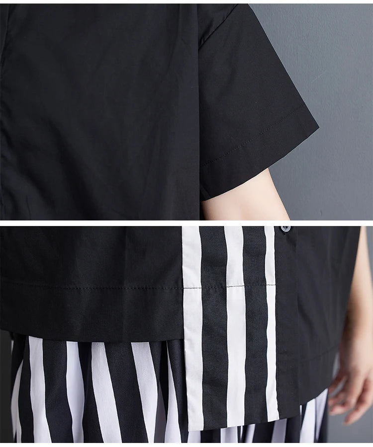 Summer Striped Print 2 Two Piece Set Women Irregular Patchwork Fashion Ladies Cropped Shirts Loose Casual Pleated Woman Skirts Viralgem Store