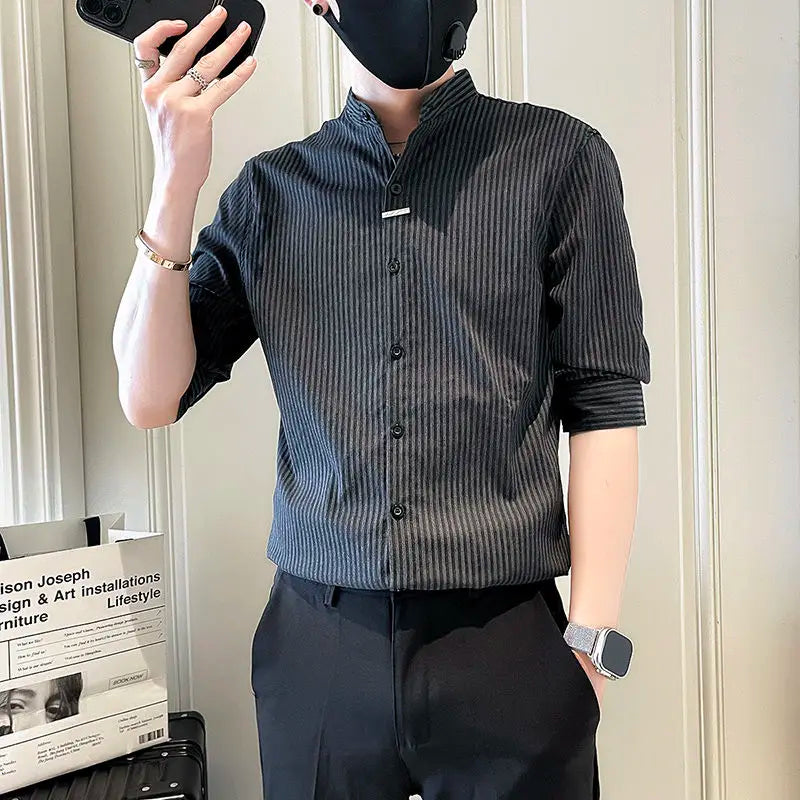 Striped Shirt 2025 New Men Summer Casual Thin Stand-up Collar Cardigan Five-sleeved Top Freshlook Styles