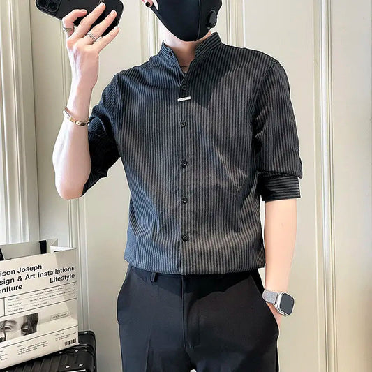 Striped Shirt 2025 New Men Summer Casual Thin Stand-up Collar Cardigan Five-sleeved Top Freshlook Styles