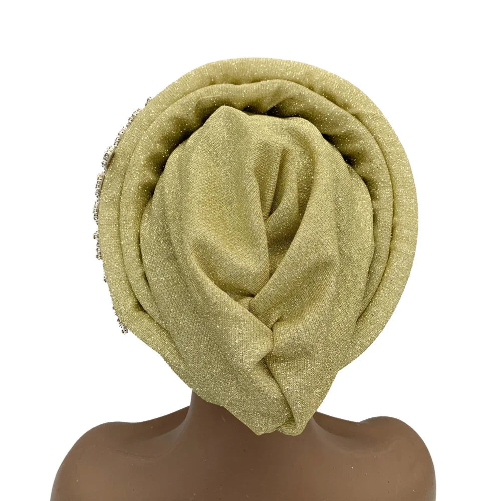 African Wrap Head Headgear Nigeria Auto Gele Headtie Turbante Mujer Luxury Rhinestone Turban Hat for Women Glitter