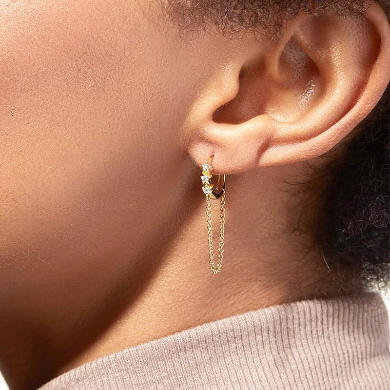 YUXINTOME 1PC 925 Sterling Silver Ear Needle Colorful Zircon Chain Tassel Hoop Earrings for Women Two Holes Earring Jewelry A45