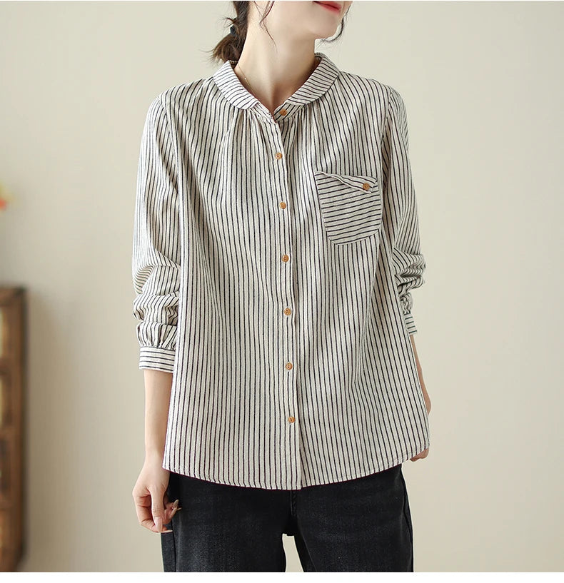 Women Long Sleeve Casual Shirt New Arrival 2024 Spring Korean Style Vintage Striped Loose Female Basics Cotton Tops Shirts B3254