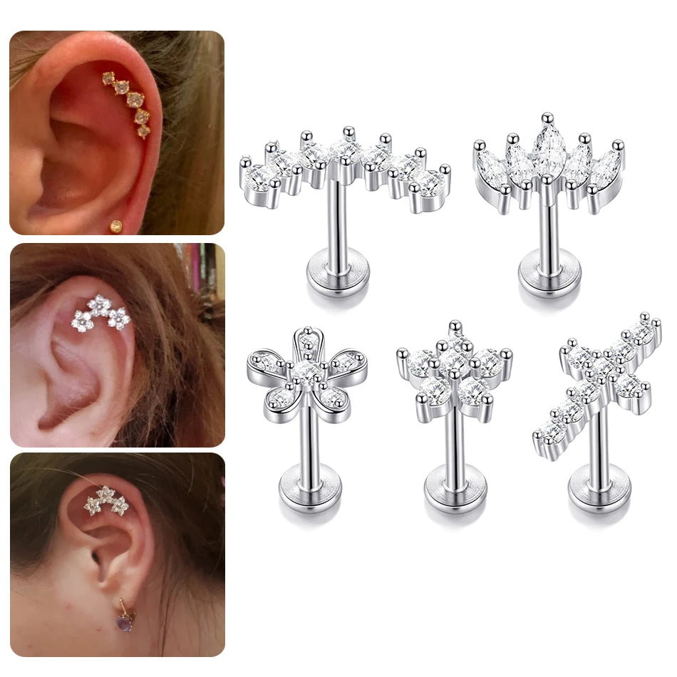 1PC Lip Stud Stainless Steel Ear Piercing Earring Nail Moon Ring Crystal Flower Cross Cartilage Tragus Screw Body Jewelry New