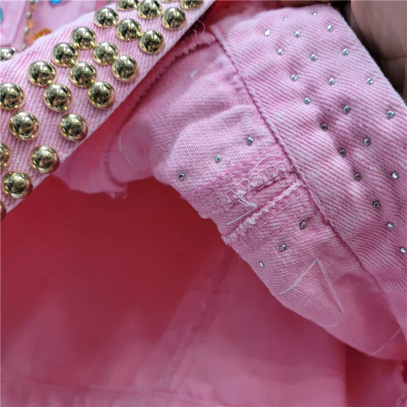 Women Rainbow Diamonds Beaded Pink Denim Coat Loose Rhinestones Jeans Jacket Long Sleeve Crystal Cowboy Cardigan Rivets Tops