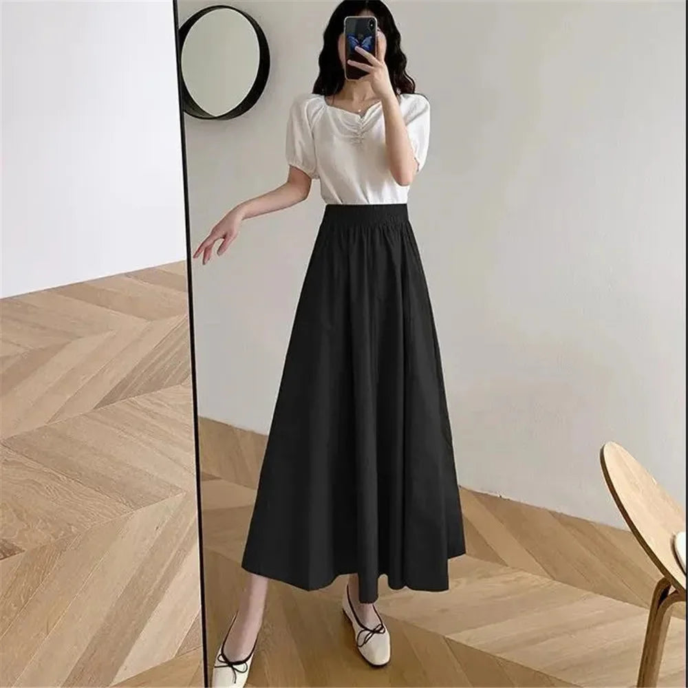 Spring Summer Autumn Elastic High Waist Loose Women All-match Midi Skirt Female Long Skirt Student Teenage Girls A-line Skirts