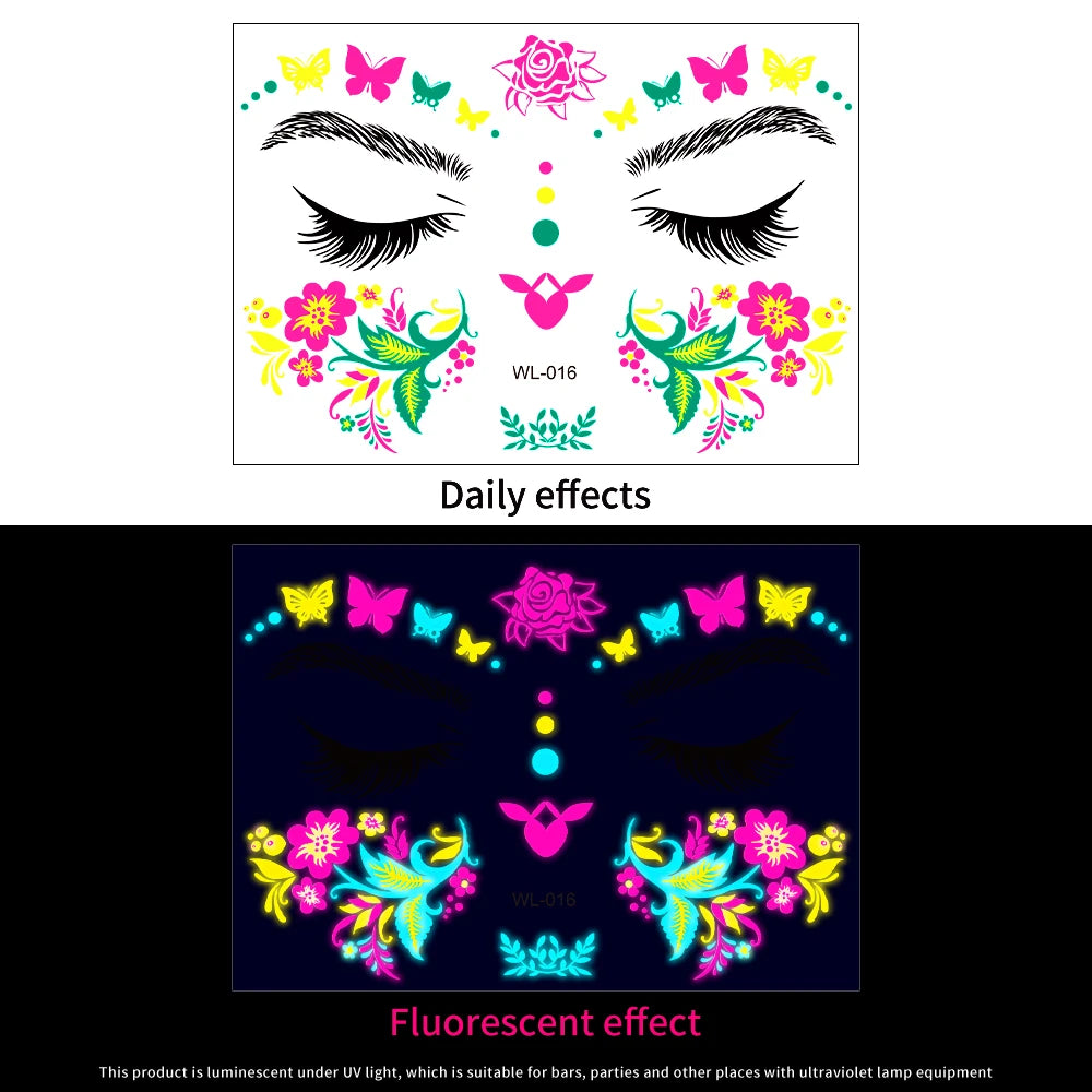 1Pcs Halloween Fluorescent Face Stickers 12-Styles Feather/Flowers/ButterflyDesign Tattoo Sticker Waterproof Glowing Face Decals Viralgem Store