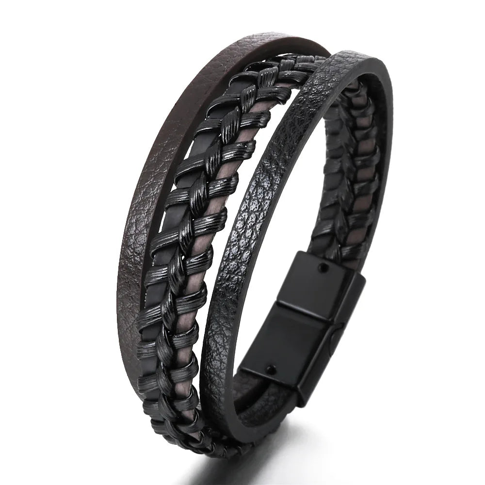 Trendy Leather Bracelets For Men Stainless Steel Bracelet 21CM Multilayer Braided Rope Bracelets for Male Jewelry Gifts Viralgem Store