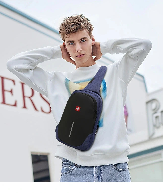 SWISS New Men's Casual Chest Bag Sports Waterproof Shoulder Bag Anti-theft Crossbody Bag Fashion Solid Color Usb Bag Sling Pack Viralgem Store