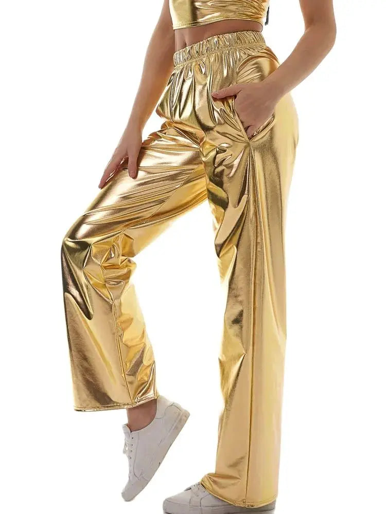 Women Adult Shiny Straight Leg Pants Casual High Waist Metallic Pants Super Long Holographic Pants Disco Bottoms Viralgem Store