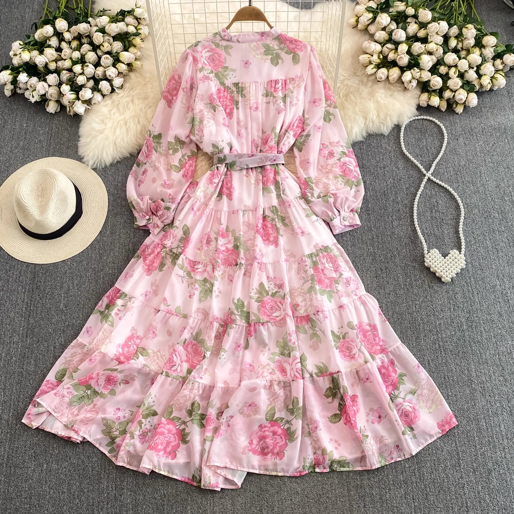 Spring Autumn Women Floral Chiffon Long Dress Vintage Purple/Pink/Black/Beige Stand Collar Single Breasted Maxi Robe Elegant New Viralgem Store