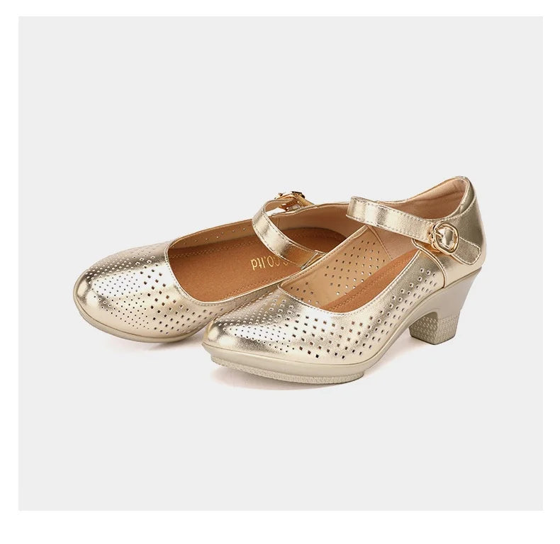 5.5cm 7.5cm Small Size 33 Breathable Cutout Block Heels Shoes Mary Janes 2024 Soft Leather Platform Pumps for Mom Dance Model