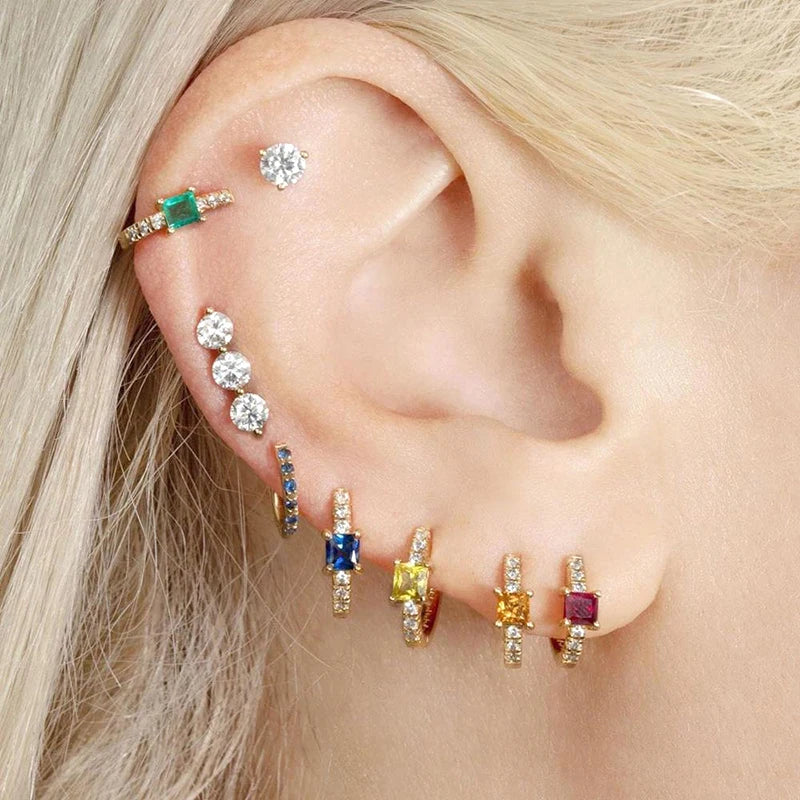 925 Sterling Silver Ear Buckle Green Series Crystal Cube Zircon Pendientes Hoop Earring Fashion Premium Huggie Jewelry For Women