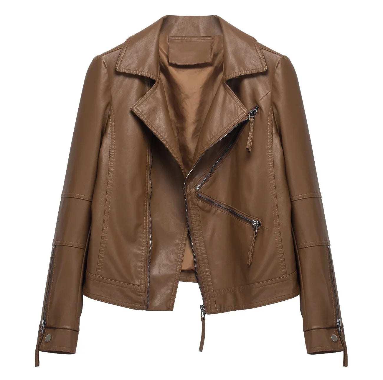 Spring Autumn Vintage Faux Leather Jacket Women Brown Moto Biker  Leather Coats Casual Street Wear Zipper PU Basic Outwear