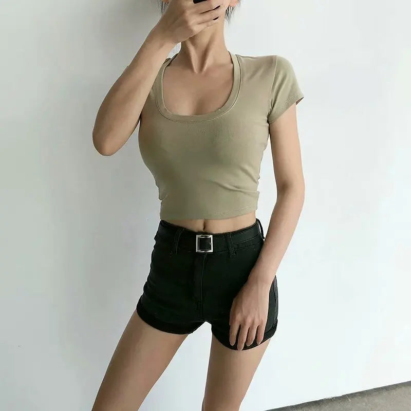 U-Neck Crop Top Solid Color Women Casual High Waist T Shirt Basic Sexy Streetwear Short Sleeve Slimming