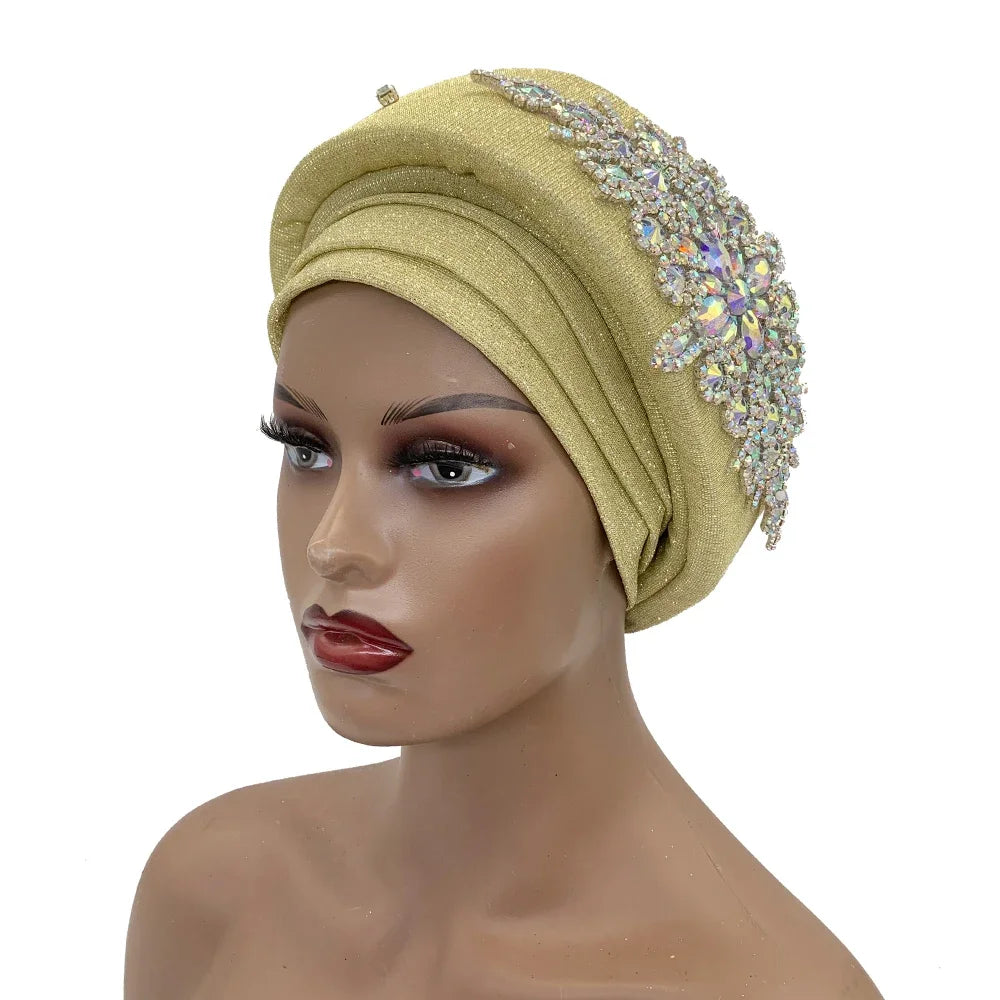 African Wrap Head Headgear Nigeria Auto Gele Headtie Turbante Mujer Luxury Rhinestone Turban Hat for Women Glitter
