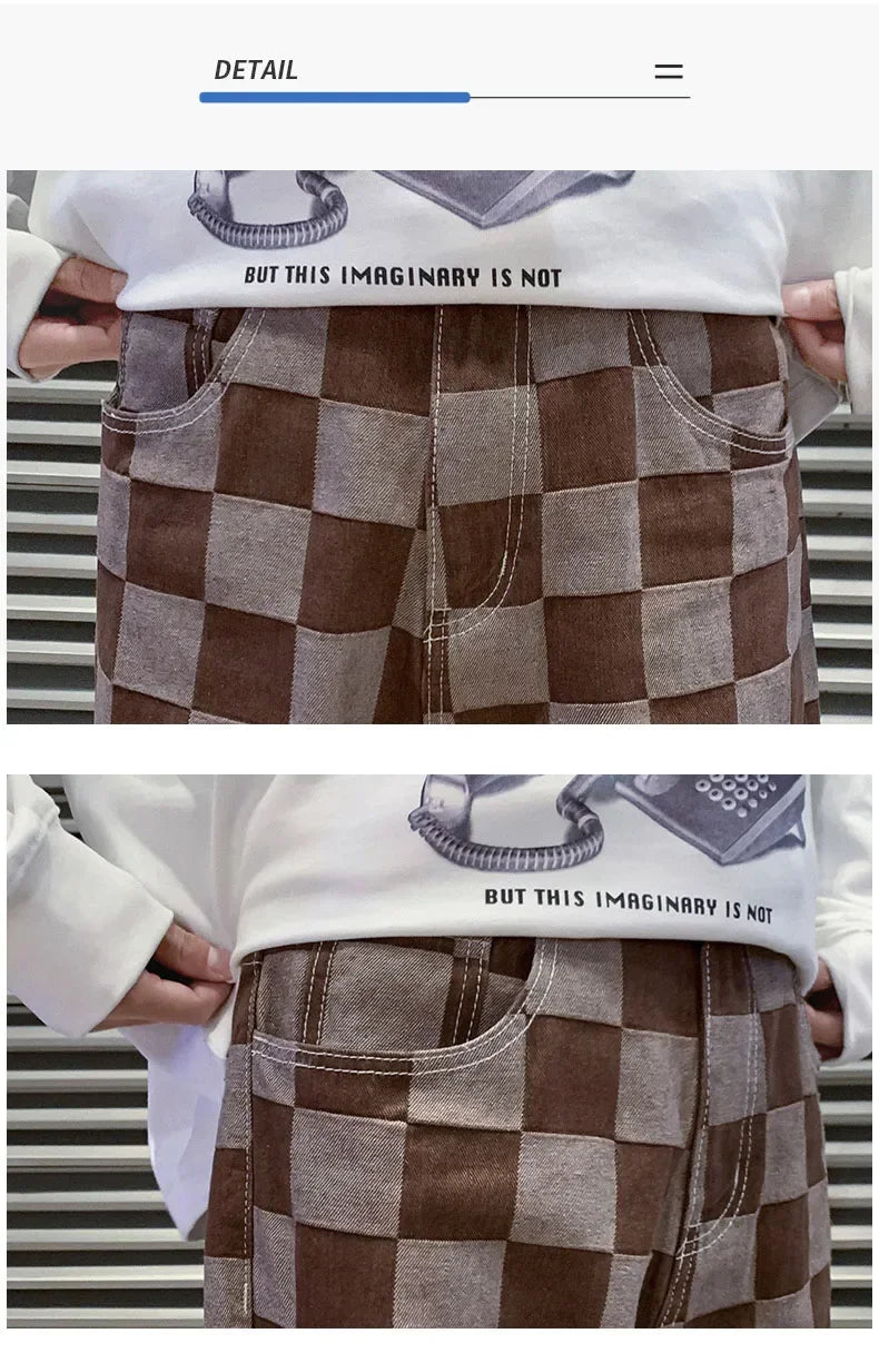 2024 Spring New Men's Brown Check Print Baggy Jeans Korean Fashion Streetwear Denim Straight Pants Male Brand Trousers